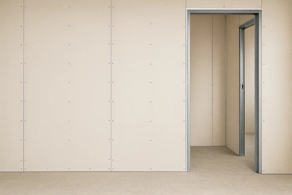 Cloison en plaques de plâtre montée sur ossature métallique avec ouverture pour bloc-porte.