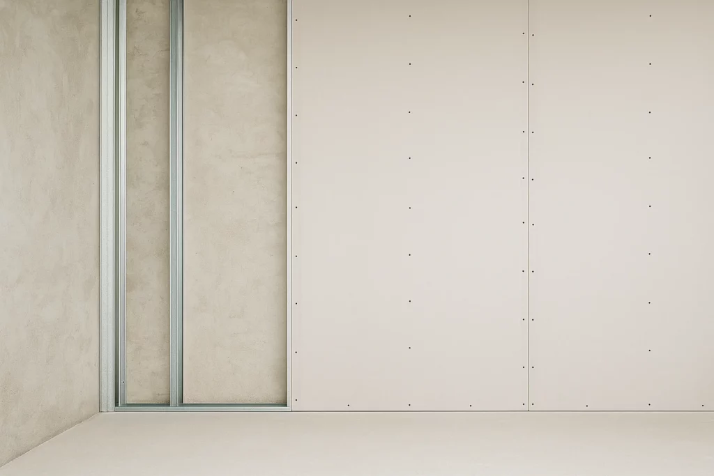 Doublage mural en plaques de plâtre sur ossature métallique avec mur brut en arrière-plan.