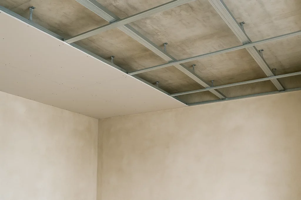 Faux plafond en ossature métallique avec fourrures et plaques de plâtre en cours de pose.