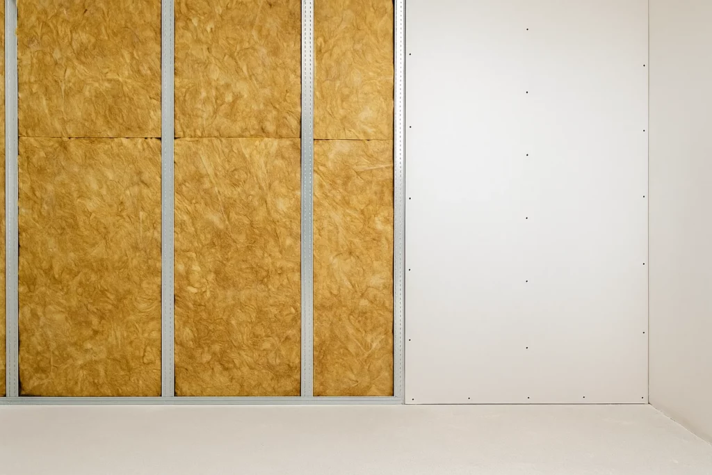 Isolation des murs par l’intérieur avec laine minérale posée entre montants métalliques.