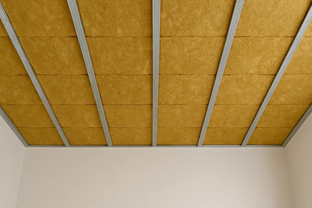 Isolation de plafond en laine minérale posée entre fourrures métalliques.