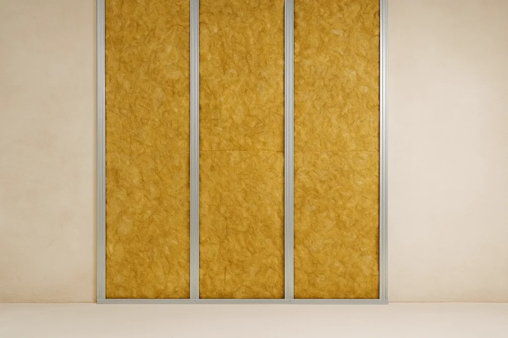 Isolation thermique et phonique en laine minérale installée dans une cloison ouverte.