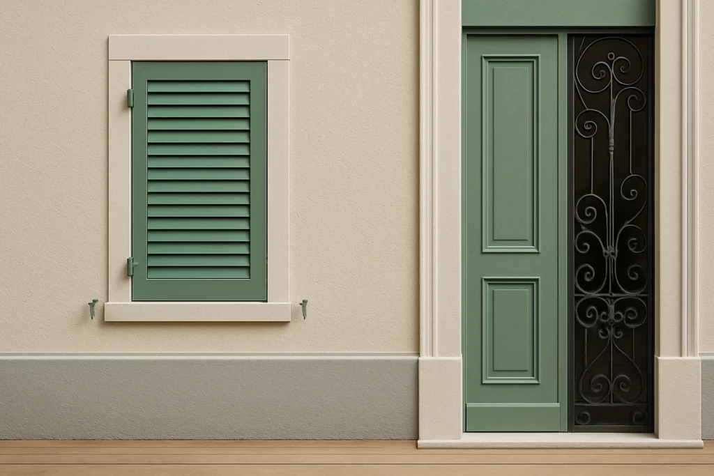 Façade peinte avec volets en bois rénovés et ferronnerie noire traitée et repeinte.