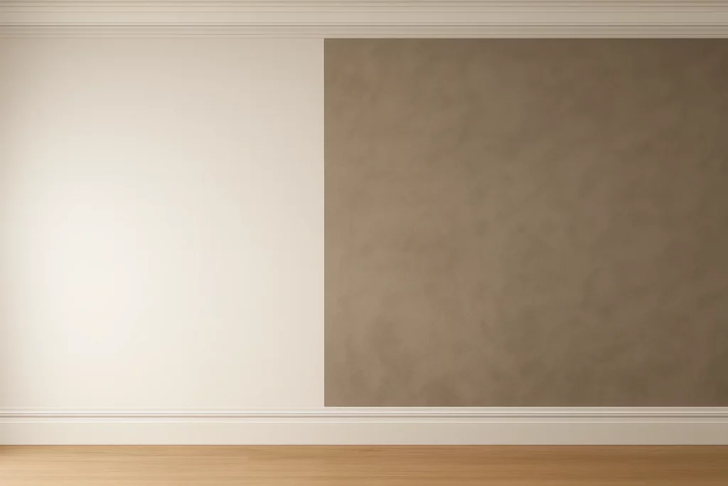 Mur peint avec finition lisse et mur décoratif texturé, moulures et plinthes impeccables.