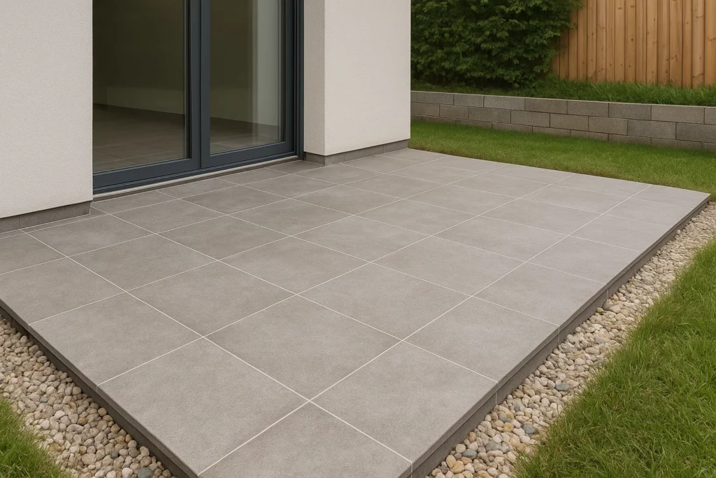 Pose de carrelage extérieur sur terrasse avec dalles en grès cérame antidérapantes.