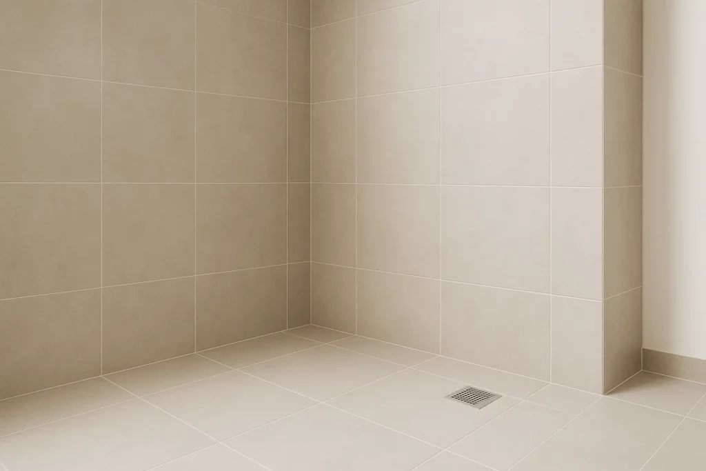 Carrelage mural haut de gamme dans une douche italienne, joints réguliers et finition soignée.