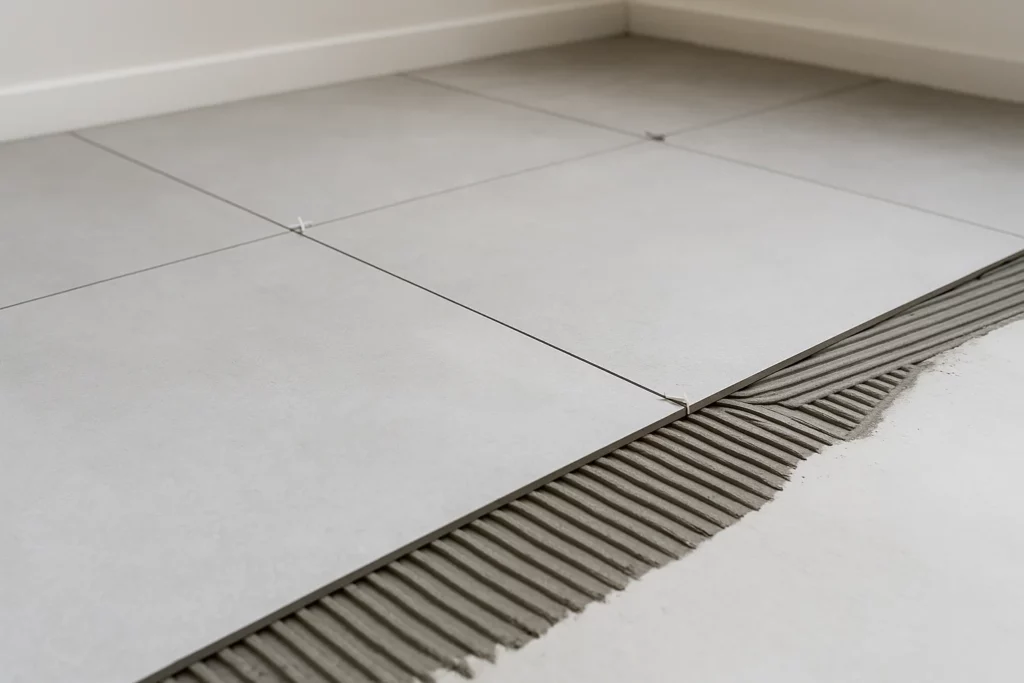 Pose de carrelage au sol grand format avec joints fins et alignement précis.