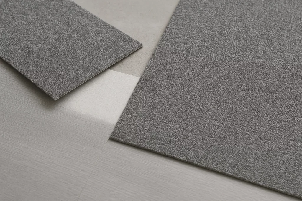 Pose de moquette en dalles avec jonctions précises et finition propre.