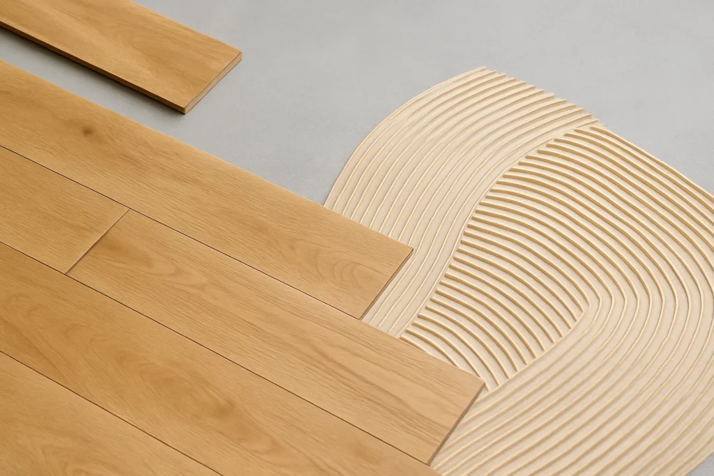 Pose de parquet sur colle avec lames alignées et support parfaitement préparé — parquet massif ou contrecollé.