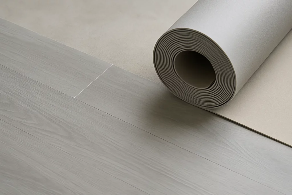 Pose de sol PVC moderne : lames ou dalles clipsables sur support nivelé.