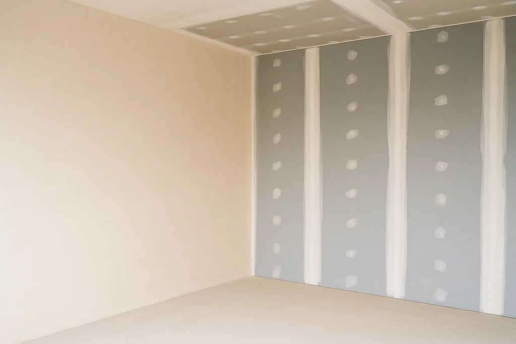 Mur préparé avant peinture avec partie ratissée lisse et partie en plaques de plâtre grises avec bandes à joints au mur et au plafond.