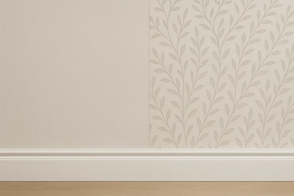 Mur combinant toile de verre texturée et papier peint à motifs avec raccords précis.