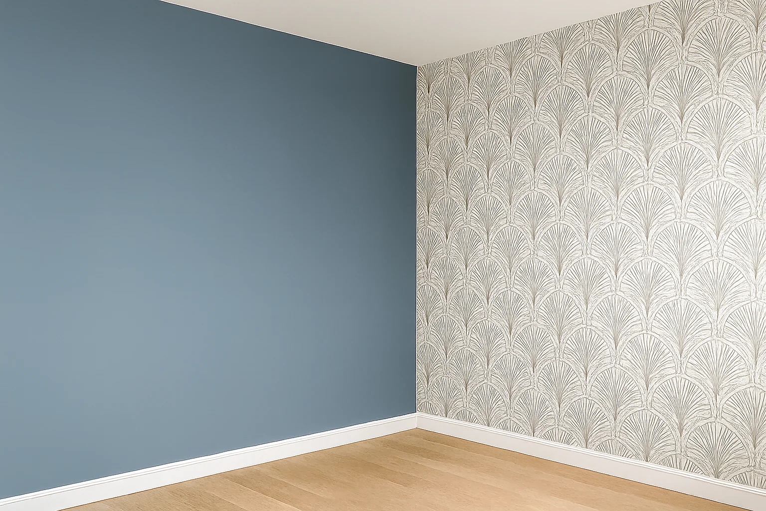 Mur peint en bleu et papier peint décoratif posé avec précision – Peinture intérieure Finitions Florentin à Lyon.