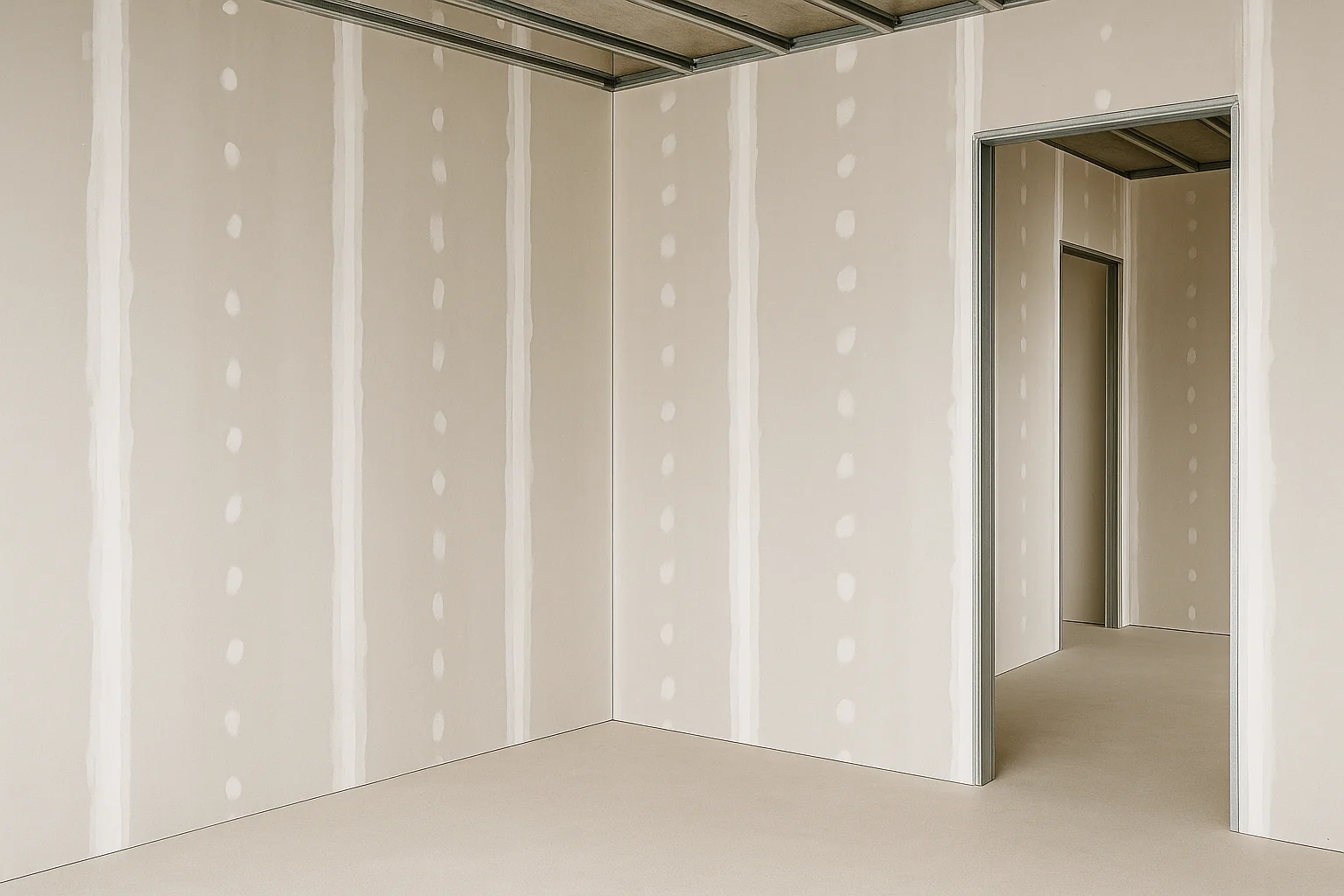 Pose de cloisons en plaques de plâtre avec ossature métallique – Travaux de plâtrerie à Lyon.