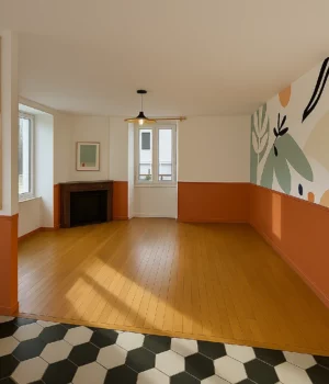Rénovation d’une pièce de vie avec peinture décorative et revêtement mural graphique à Lyon.